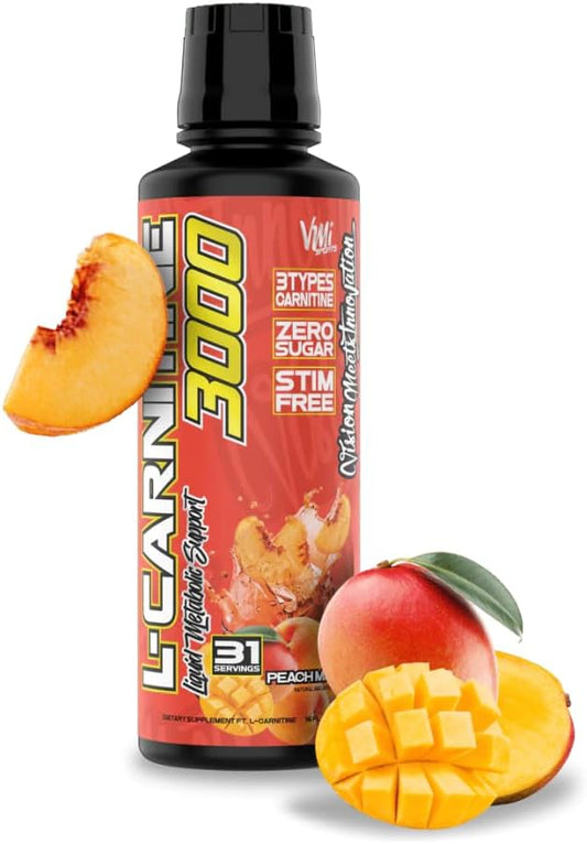 VMI Sports L-Carnitine 3000 Liquid Supplement - Peach Mango Flavor, 16 fl. oz. - Zero Calorie, Zero Sugar, Keto Friendly - 31 Servings for Men and Women