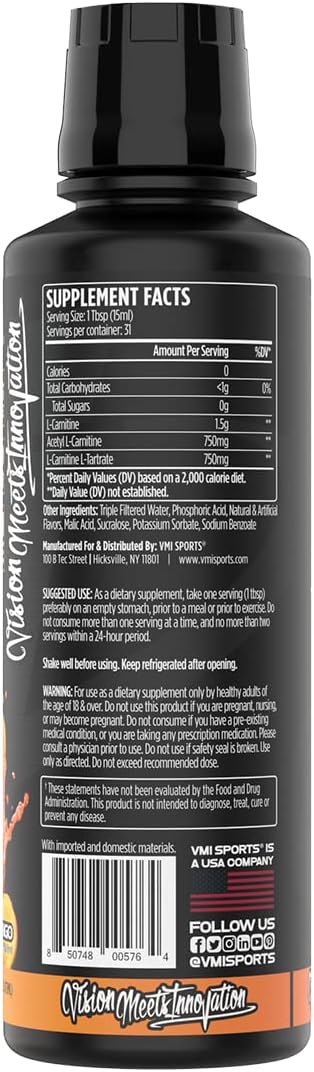 VMI Sports L-Carnitine 3000 Liquid Supplement - Peach Mango Flavor, 16 fl. oz. - Zero Calorie, Zero Sugar, Keto Friendly - 31 Servings for Men and Women