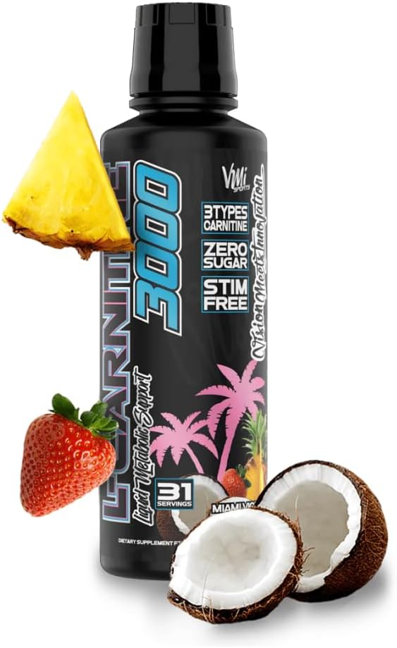 VMI Sports L-Carnitine 3000 Liquid Supplement | 3000 mg Carnitine | Zero Calorie Zero Sugar | Keto Friendly | Great Tasting | 31 Servings | Miami Vice Flavor | 16 fl. oz.