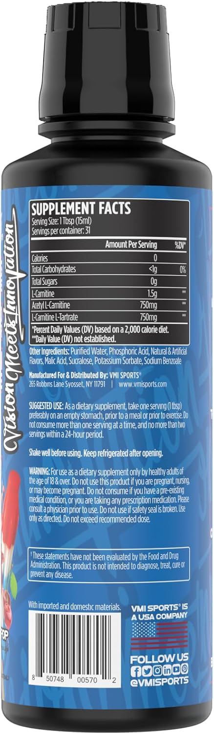 VMI Sports L-Carnitine 3000 Liquid Supplement | 3000mg Carnitine | Zero Calorie Zero Sugar Keto Friendly | Great Tasting Patriot Pop Flavor | 31 Servings | 16 fl oz Bottle for Men and Women