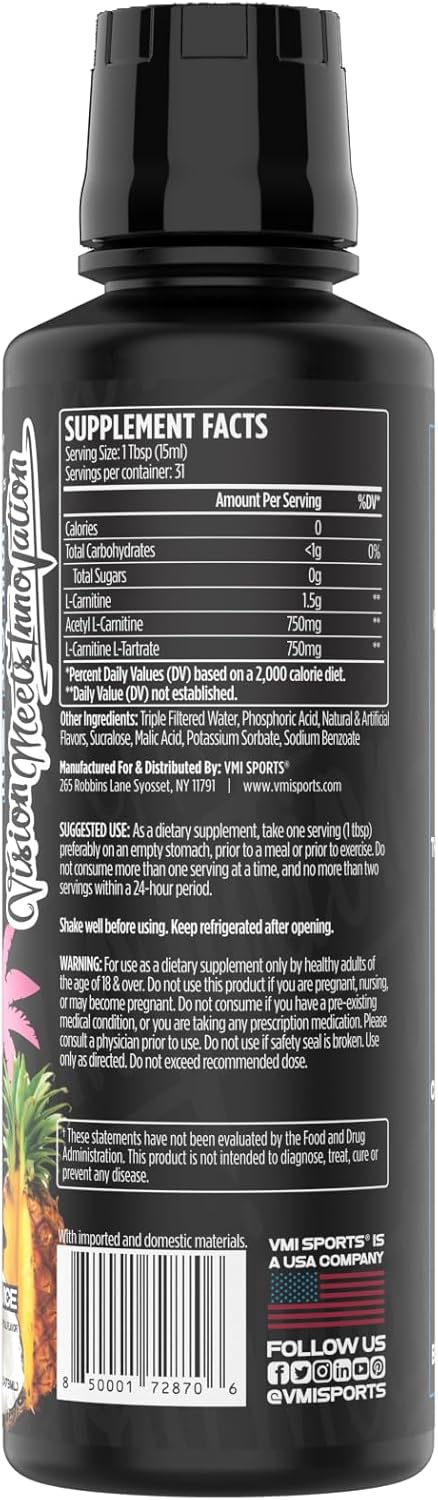 VMI Sports L-Carnitine 3000 Liquid Supplement | 3000 mg Carnitine | Zero Calorie Zero Sugar | Keto Friendly | Great Tasting | 31 Servings | Miami Vice Flavor | 16 fl. oz.