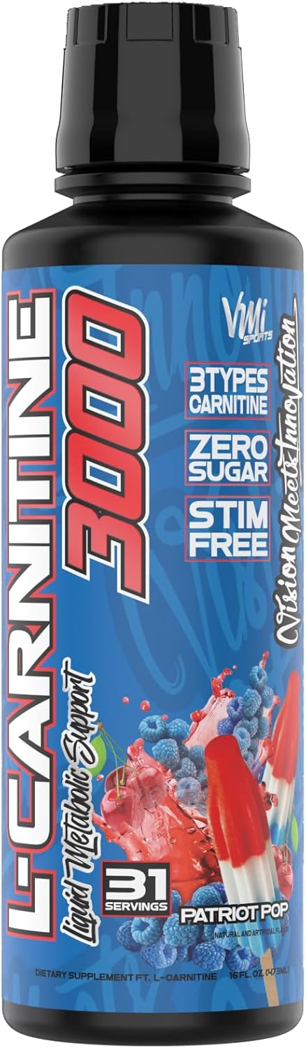 VMI Sports L-Carnitine 3000 Liquid Supplement | 3000mg Carnitine | Zero Calorie Zero Sugar Keto Friendly | Great Tasting Patriot Pop Flavor | 31 Servings | 16 fl oz Bottle for Men and Women