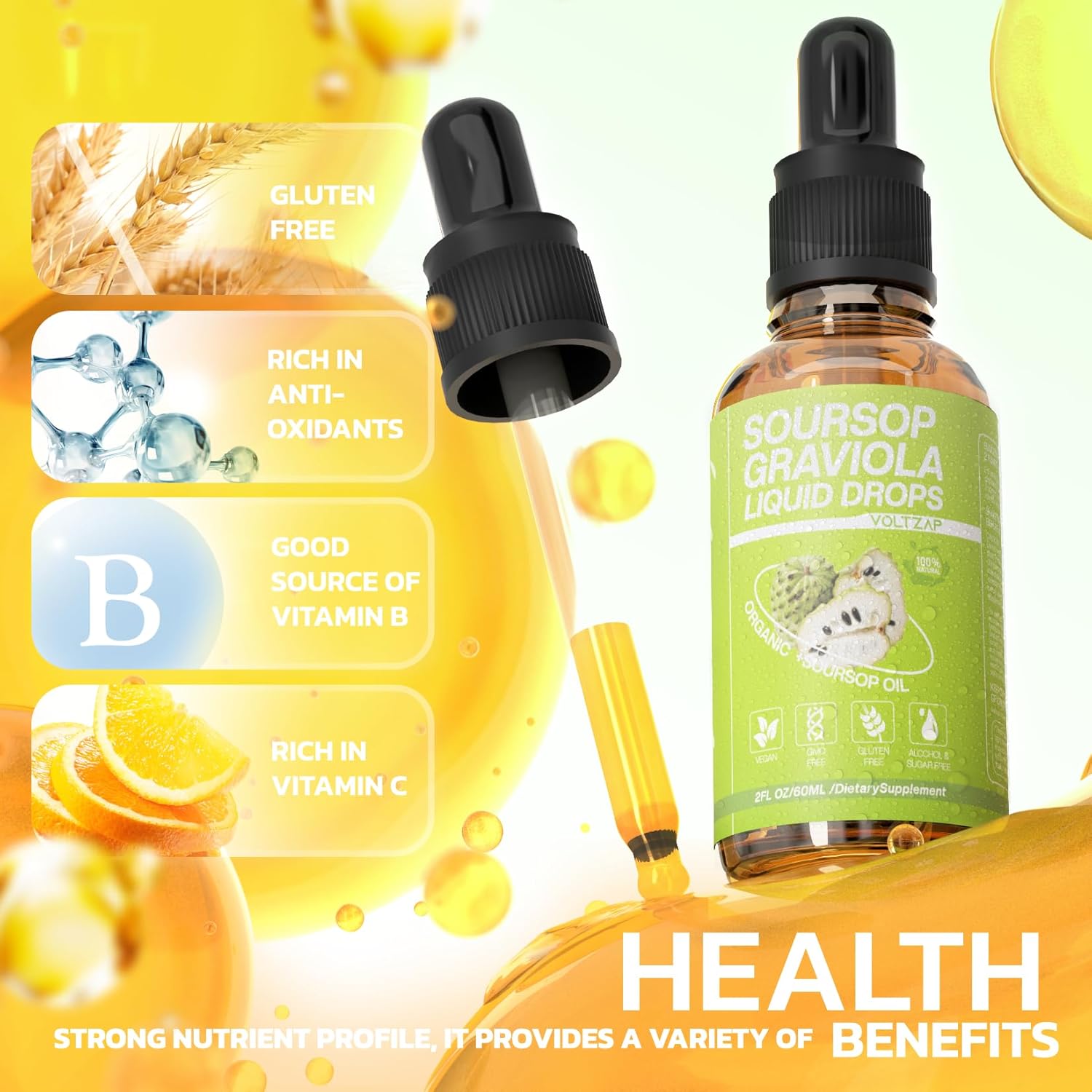 VOLTZAP Soursop Graviola Liquid Drops - Cell Regeneration Support with Sugar and Gluten-Free Formula - 2 Fl Oz