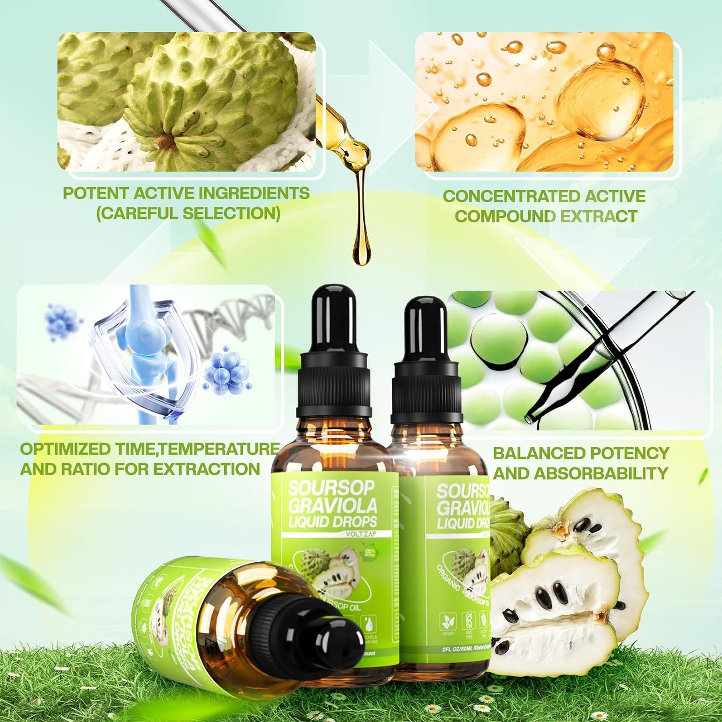 VOLTZAP Soursop Graviola Liquid Drops - Cell Regeneration Support with Sugar and Gluten-Free Formula - 2 Fl Oz