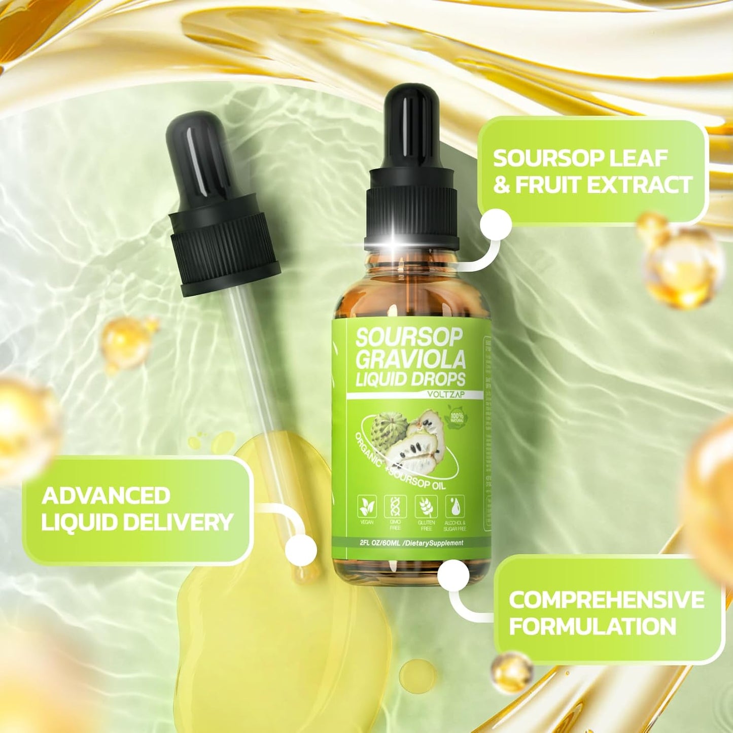 VOLTZAP Soursop Graviola Liquid Drops - Cell Regeneration Support with Sugar and Gluten-Free Formula - 2 Fl Oz