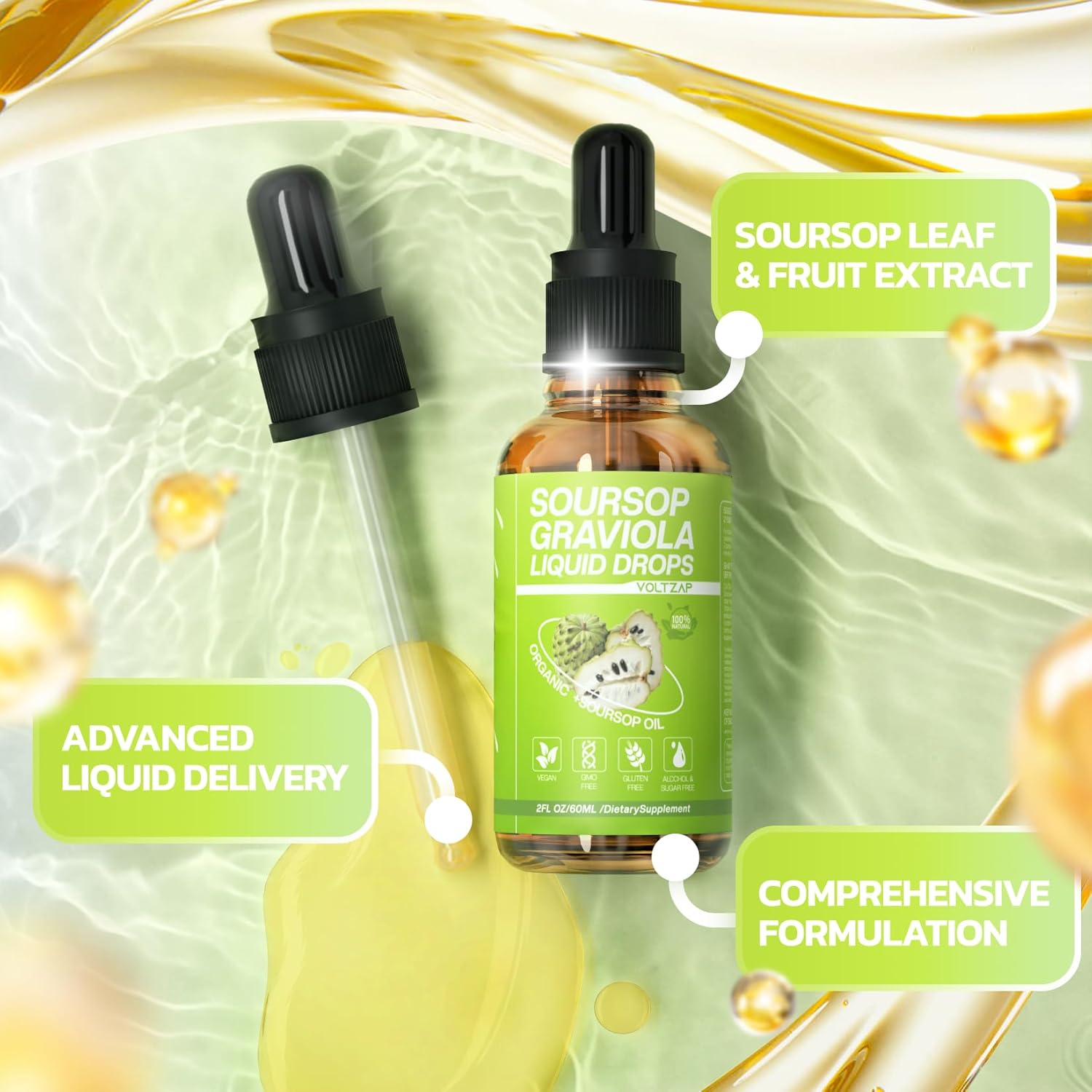 VOLTZAP Soursop Graviola Liquid Drops - Cell Regeneration Support with Sugar and Gluten-Free Formula - 2 Fl Oz