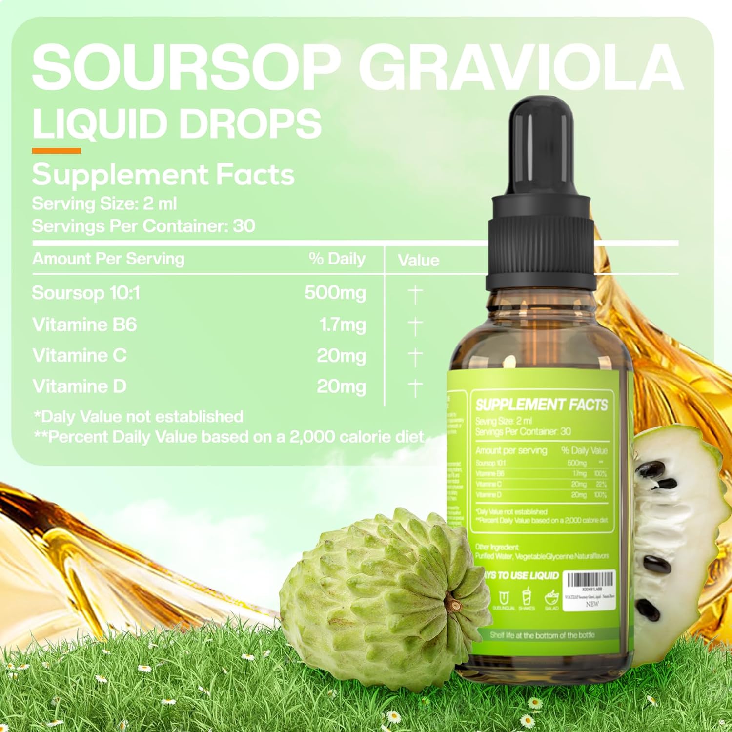 VOLTZAP Soursop Graviola Liquid Drops - Cell Regeneration Support with Sugar and Gluten-Free Formula - 2 Fl Oz