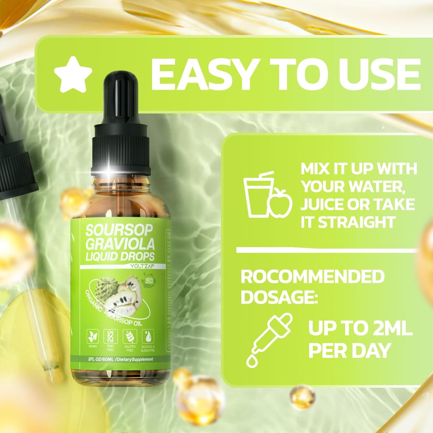 VOLTZAP Soursop Graviola Liquid Drops - Cell Regeneration Support with Sugar and Gluten-Free Formula - 2 Fl Oz