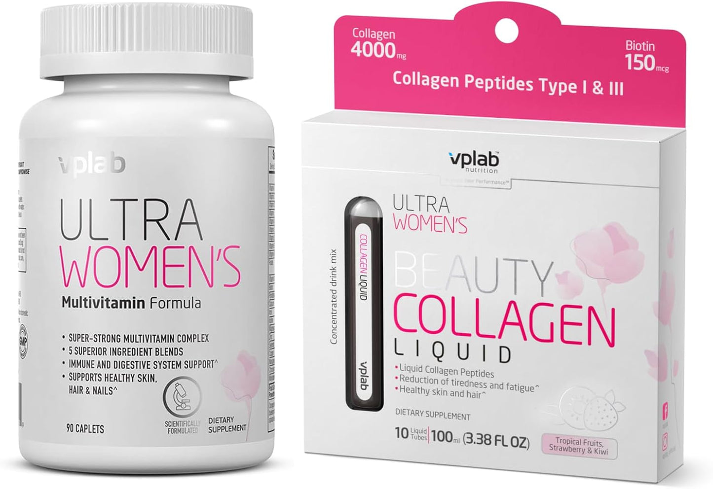 VPLab Women's Beauty Bundle: Multivitamin Caplets & Liquid Collagen - Biotin, Iron, Vitamin B, D, C & Zinc - 90 Caplets + 10 Tubes - Daily Health Support