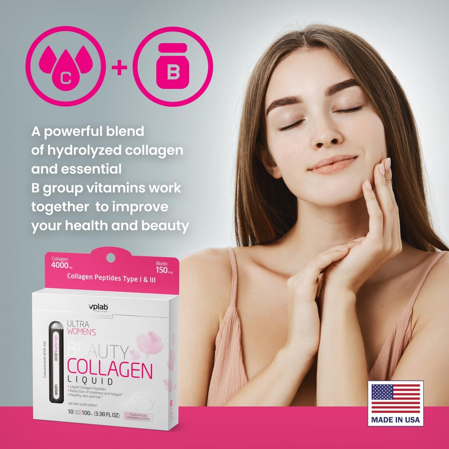 VPLab Women's Beauty Bundle: Multivitamin Caplets & Liquid Collagen - Biotin, Iron, Vitamin B, D, C & Zinc - 90 Caplets + 10 Tubes - Daily Health Support