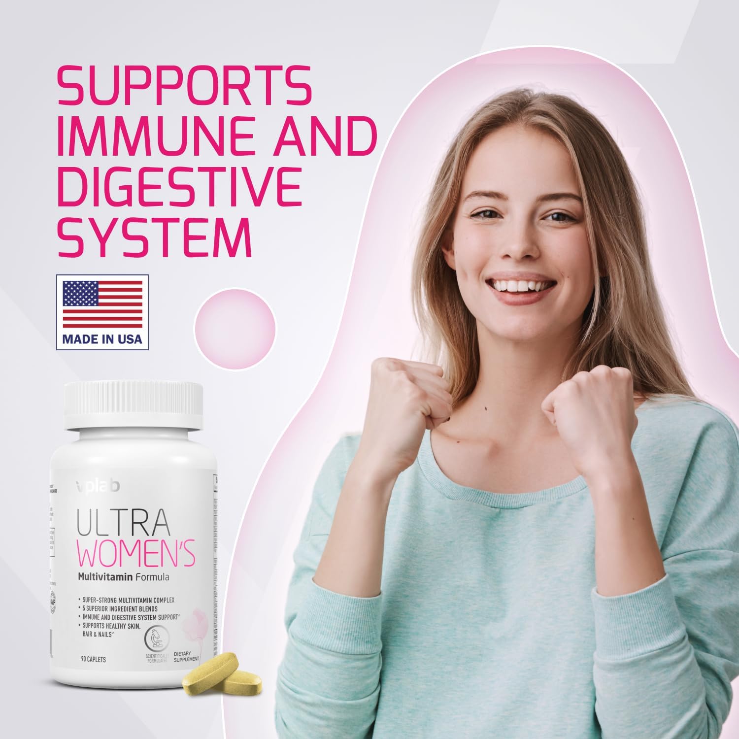 VPLab Women's Beauty Bundle: Multivitamin Caplets & Liquid Collagen - Biotin, Iron, Vitamin B, D, C & Zinc - 90 Caplets + 10 Tubes - Daily Health Support