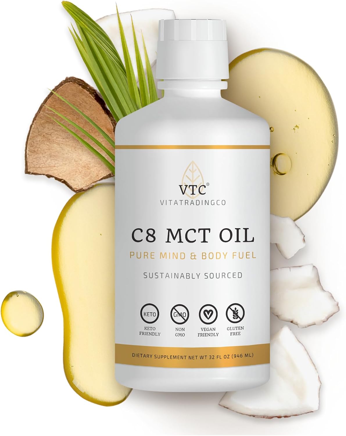 VTC VitaTradingCo. 100% Pure C8 MCT Oil - Clean Energy Source, Sustainably Sourced - Non-GMO, Paleo, Keto - 128oz, 256 Servings