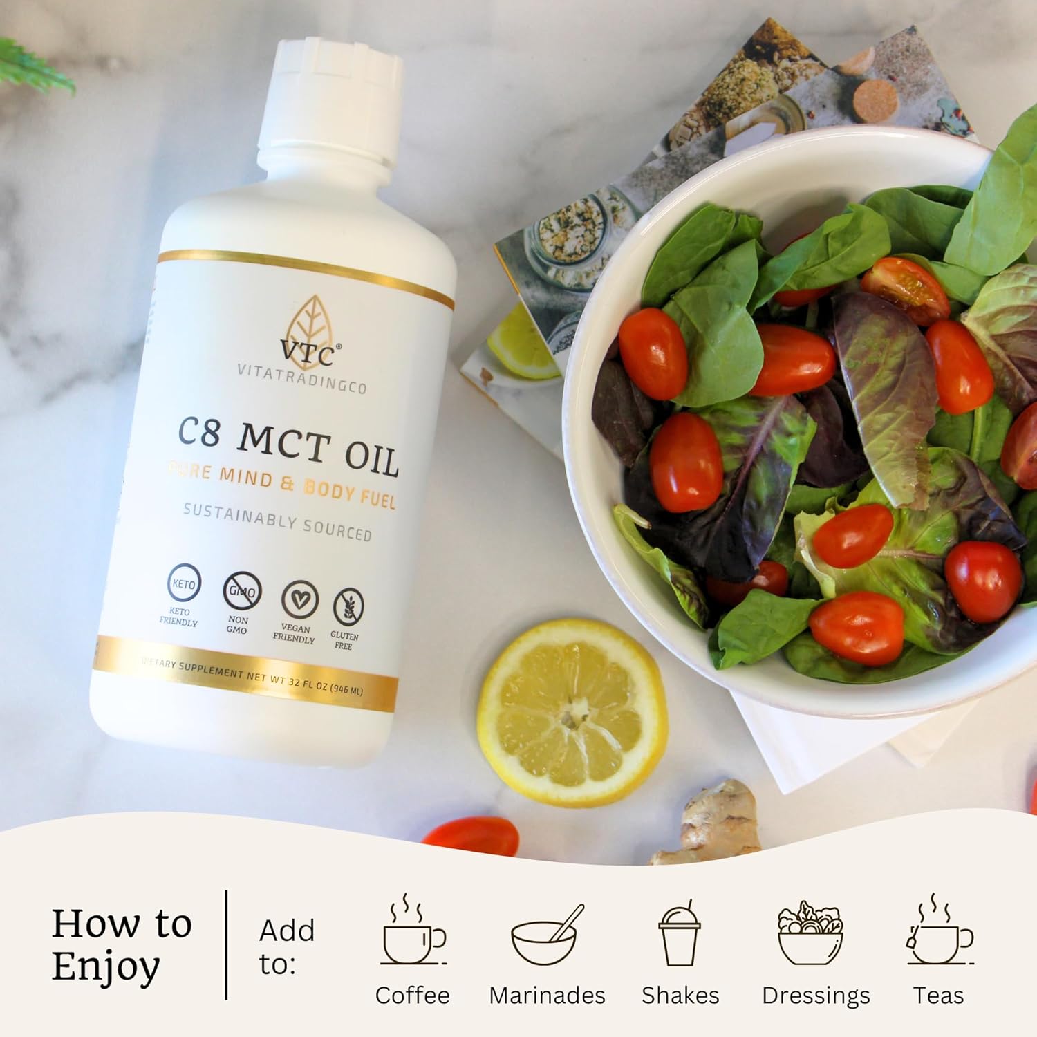 VTC VitaTradingCo. 100% Pure C8 MCT Oil - Clean Energy Source, Sustainably Sourced - Non-GMO, Paleo, Keto - 128oz, 256 Servings