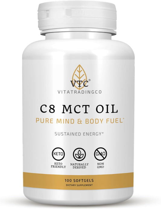 VTC VitaTradingCo. C8 MCT Oil Capsules - Natural Caprylic C8 Supplement for Sustained Energy - Coconut Oil Pills - Keto Friendly - Non GMO - 100 Softgels - BoostGo Australia