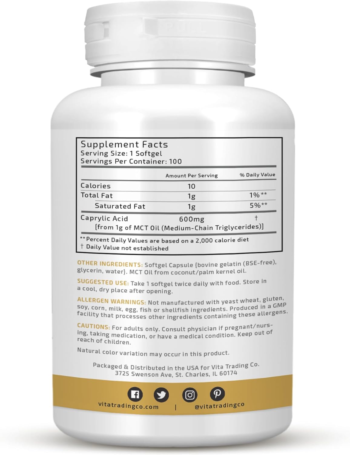 VTC VitaTradingCo. C8 MCT Oil Capsules - Natural Caprylic C8 Supplement for Sustained Energy - Coconut Oil Pills - Keto Friendly - Non GMO - 100 Softgels - BoostGo Australia