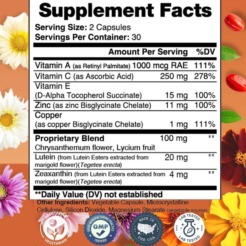 Vytanutra Optic Care Eye Vitamin with Lutein, Zeaxanthin, Vitamins A, C, E, Zinc, Copper, and Herbs - Chrysanthemum/Goji Berries for Eye Health and Antioxidant Support