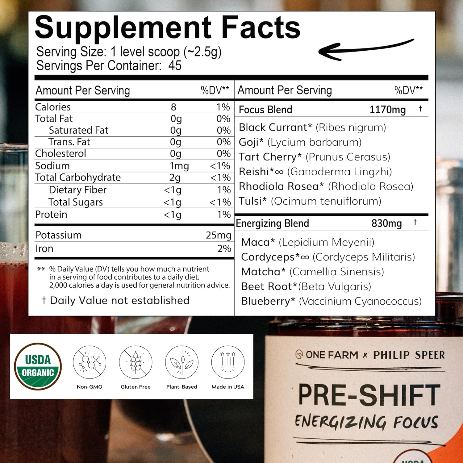 WAAYB One Farm Pre-Shift Energizing Focus Supplement with Adaptogenic Herbs for Zen-Like Focus - 45 Servings