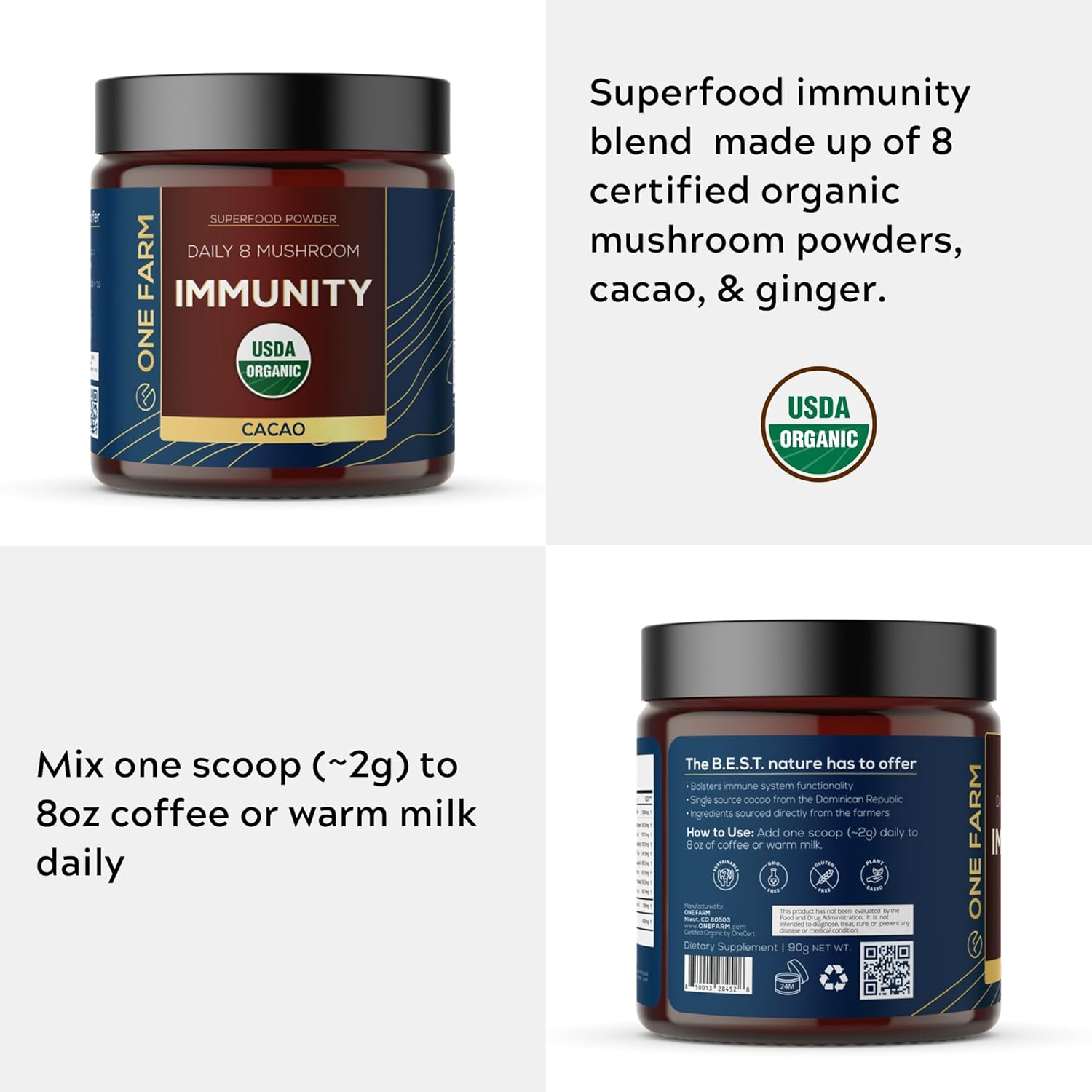 WAAYB Organic One Farm 8 Mushroom Immunity Powder: Non-GMO Vegan Supplement in Resealable Glass Jar