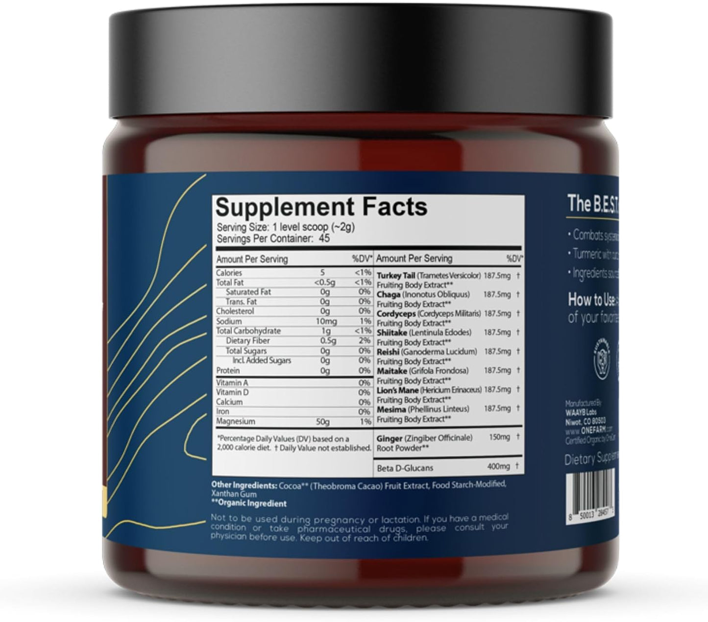 WAAYB Organic One Farm 8 Mushroom Immunity Powder: Non-GMO Vegan Supplement in Resealable Glass Jar