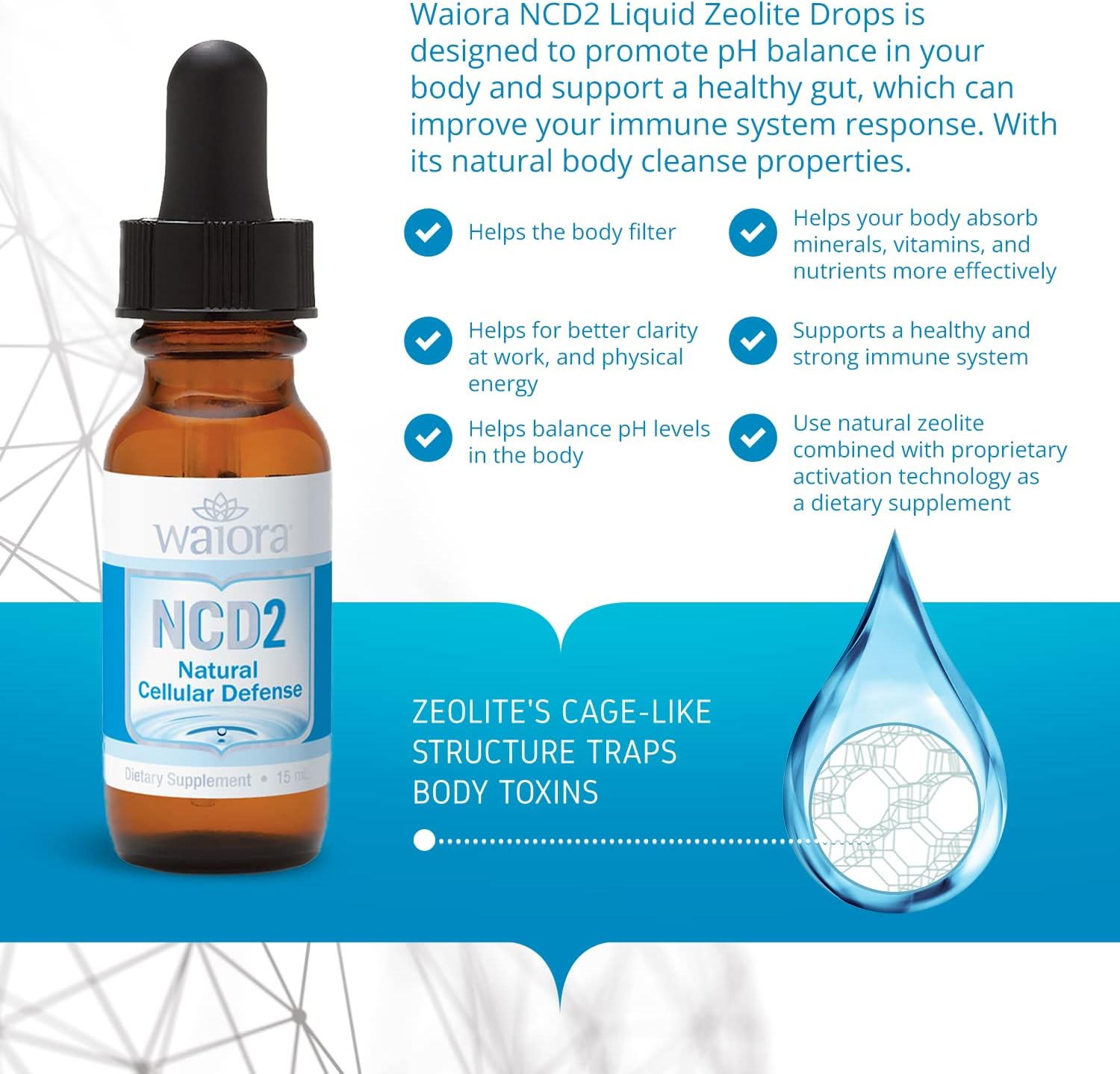 Waiora NCD2 Zeolite Liquid Drops for Natural Body Cleanse & Immune Support - 1 Bottle (0.5 oz.) 90 servings, pH Balanced Natural Detox Drops