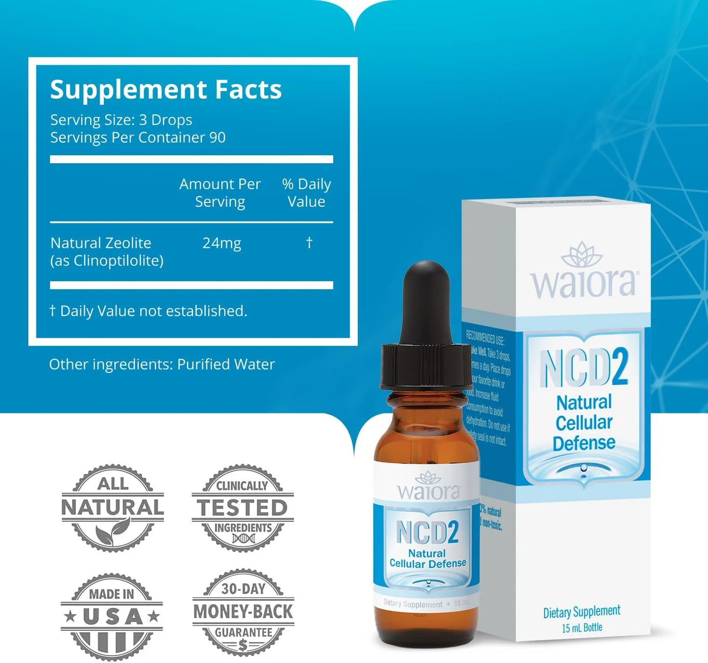 Waiora NCD2 Zeolite Liquid Drops for Natural Body Cleanse & Immune Support - 1 Bottle (0.5 oz.) 90 servings, pH Balanced Natural Detox Drops