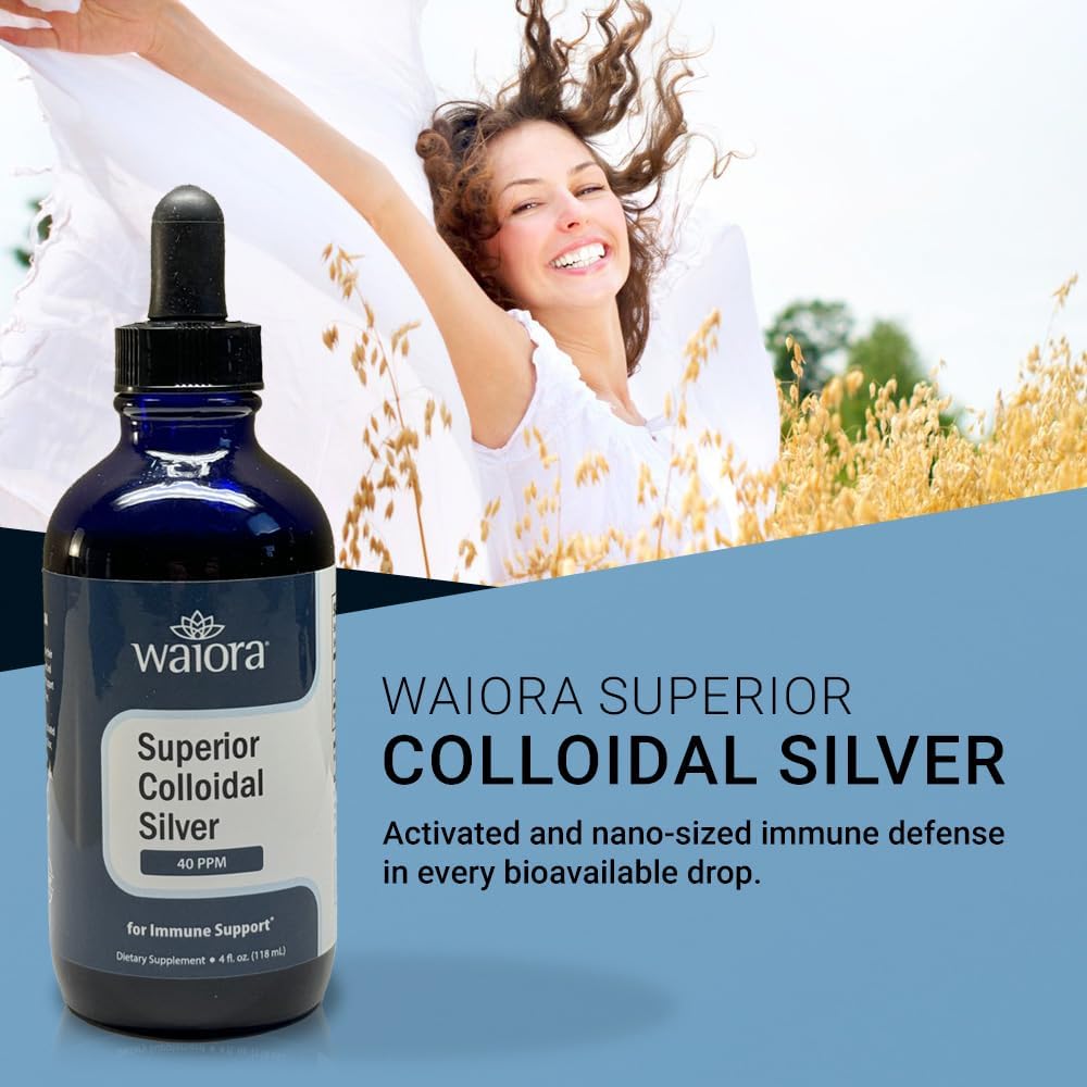 Waiora Superior Colloidal Silver Liquid Mineral Supplement, 40 PPM, Immune Support, Blue Glass Bottle with Dropper (2 Bottles/44 Servings)