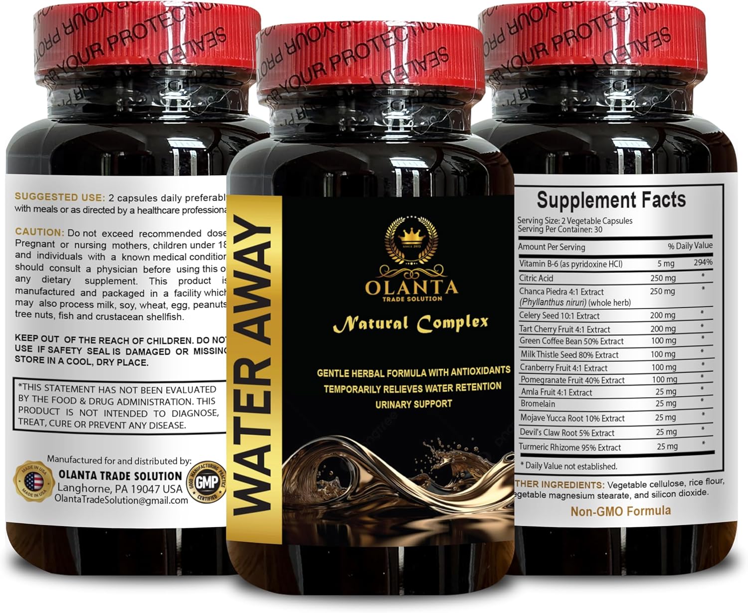 Water Away Diuretic Pills for Water Retention Relief - Caffeine Free Water Diet Pills - 1 Bottle