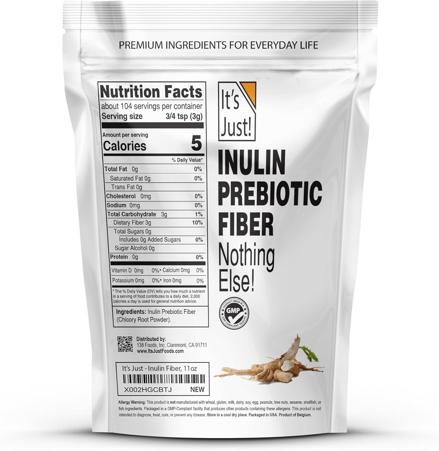 Water Soluble Inulin Prebiotic Fiber Powder from Chicory Root - Promotes Gut Health, Ideal for Smoothies, Vegan/Keto Friendly