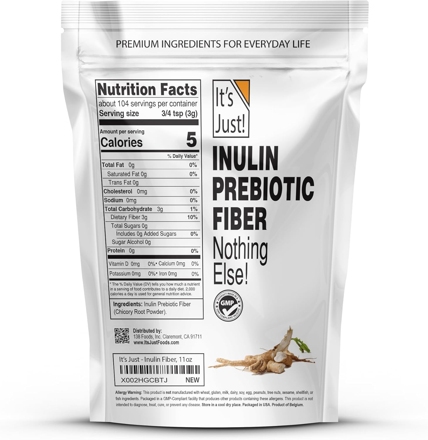 Water Soluble Inulin Prebiotic Fiber Powder from Chicory Root - Promotes Gut Health, Ideal for Smoothies, Vegan/Keto Friendly