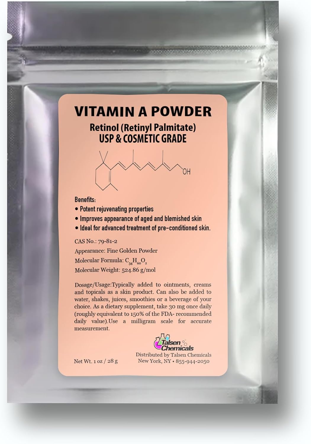 Water-Soluble Vitamin A Powder Retinyl Palmitate - Pure Retinol USP Grade for Cosmetics (1 oz / 28g)