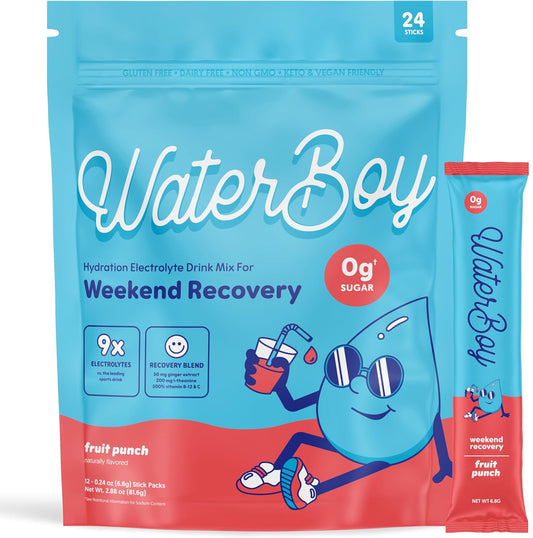 Waterboy Weekend Recovery Electrolyte Powder Packets - 3,200mg with Ginger, L-Theanine, and Vitamins - All Natural, Gluten Free - 24 Drink Stick Mixes - Fruit Punch Flavor