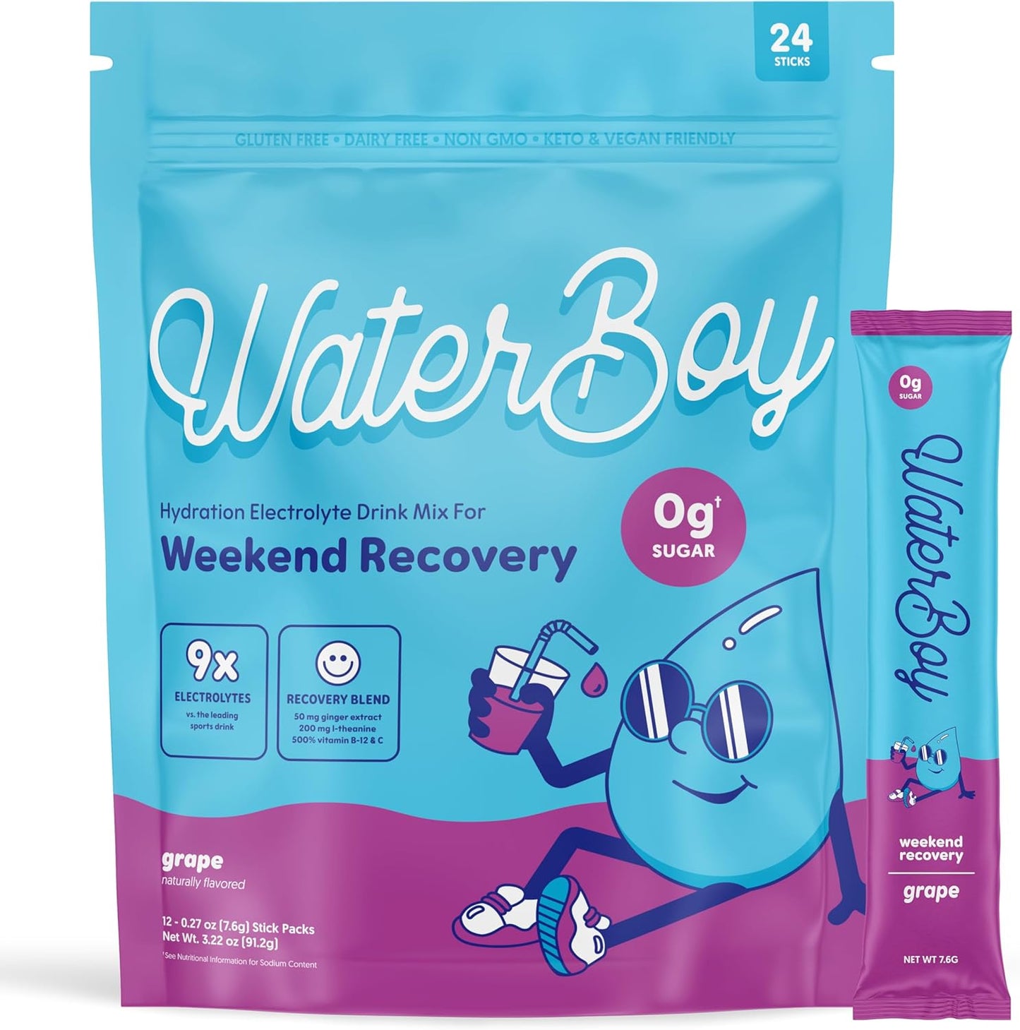 Waterboy Weekend Recovery Electrolyte Powder Packets - 24 Drink Stick Mixes (Grape) with Ginger, L-Theanine, Vitamins - No Sugar, All Natural, Gluten Free - 3,187mg