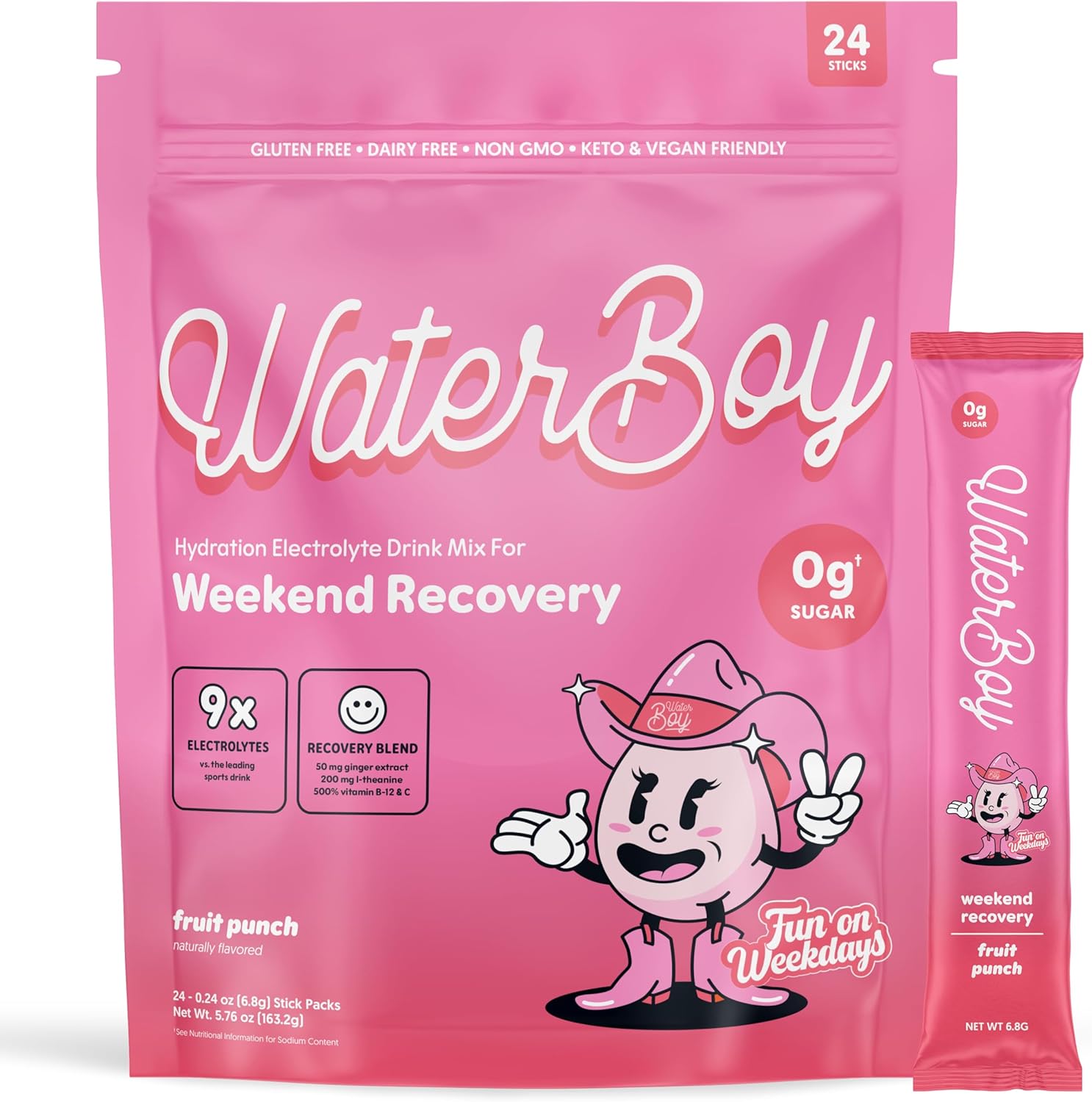 Waterboy Weekend Recovery Electrolyte Powder Packets - 3,200mg | Ginger, L-Theanine, Vitamins | No Sugar, All Natural, Gluten Free | 24 Drink Sticks (Fruit Punch)
