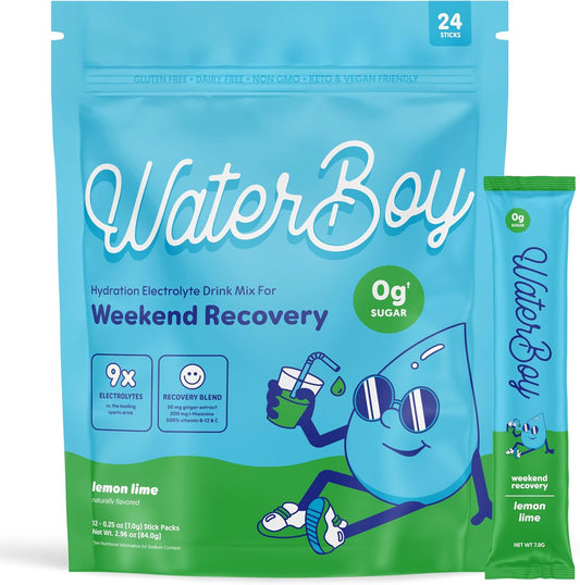 Waterboy Weekend Recovery Electrolyte Powder Packets - 3,200mg | Ginger, L-Theanine, Vitamins | Sugar-Free, Natural, Gluten-Free | 24 Lemon Lime Drink Sticks