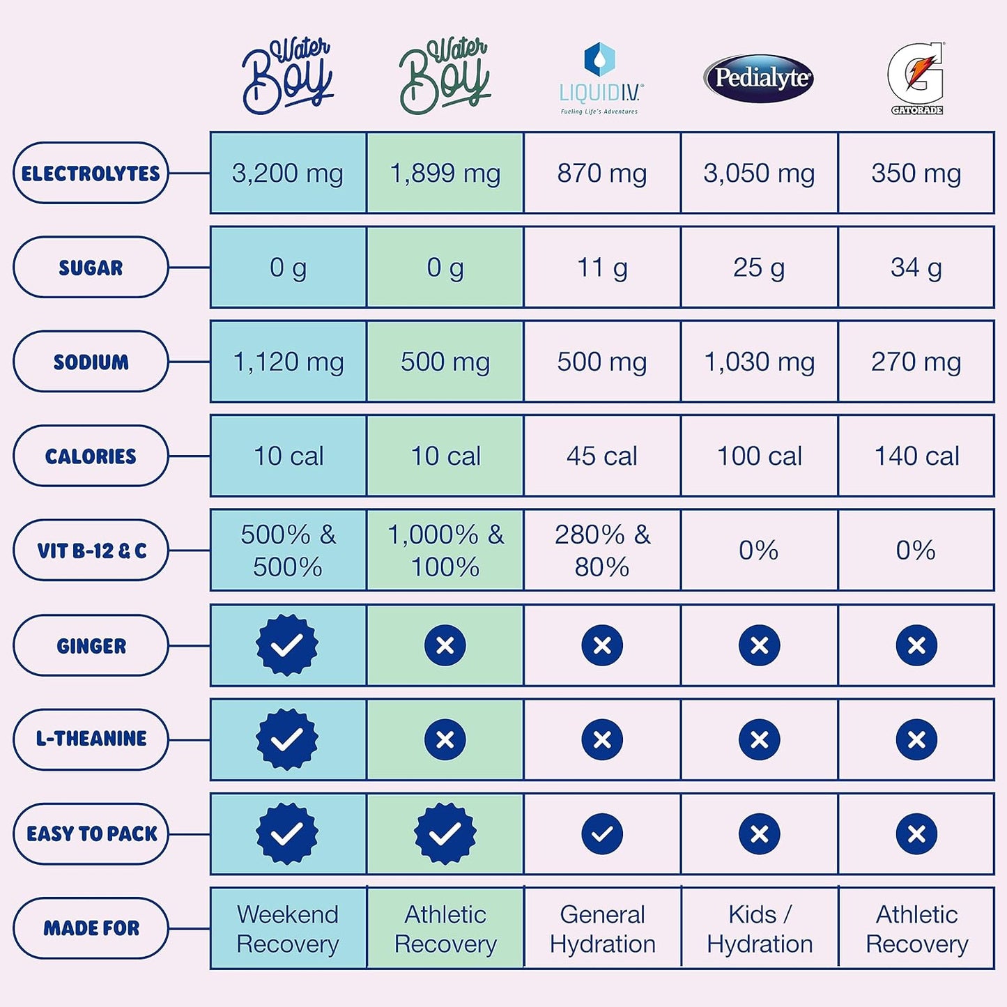 Waterboy Weekend Recovery Electrolyte Powder Packets - 24 Drink Stick Mixes (Grape) with Ginger, L-Theanine, Vitamins - No Sugar, All Natural, Gluten Free - 3,187mg