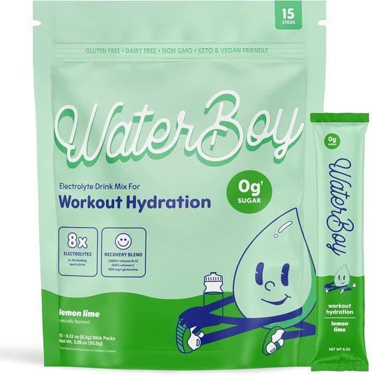 Waterboy Workout Hydration Packets with L-Glutamine and Vitamins - Sugar Free Electrolyte Powder for Natural Gluten Free Hydration Boost - 15 Lemon Lime Drink Sticks