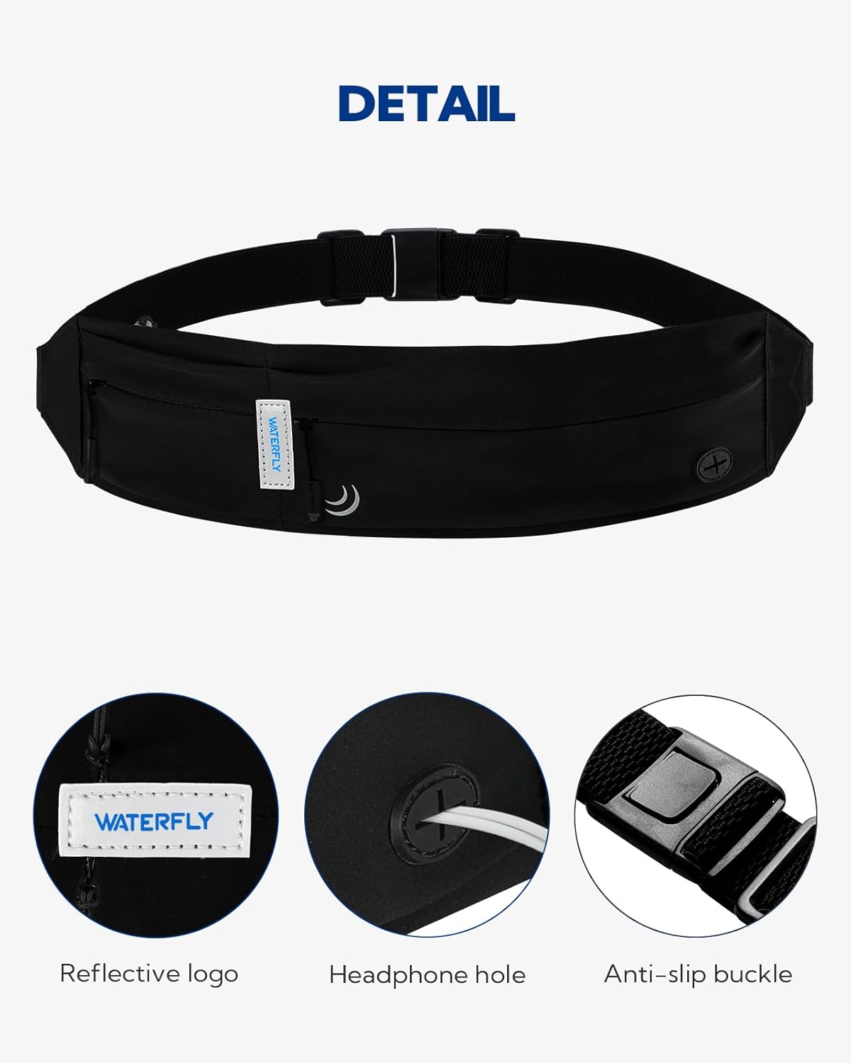 Waterfly Running Belt Fanny Pack - Slim Marathon Jogging Waist Pack for Men and Women - Sport Workout Exercise Fitness Phone Holder - Black Slim Waistband
