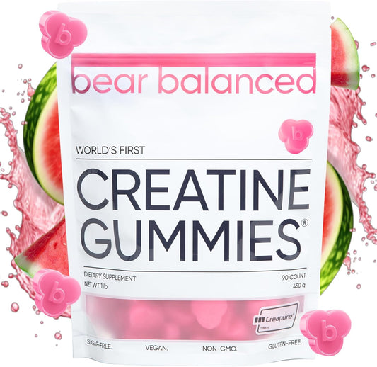 Watermelon Burst Creatine Gummies with L-Theanine, L-Tyrosine & B12 - Muscle Growth, Strength, Focus - Bear Balanced for Men & Women