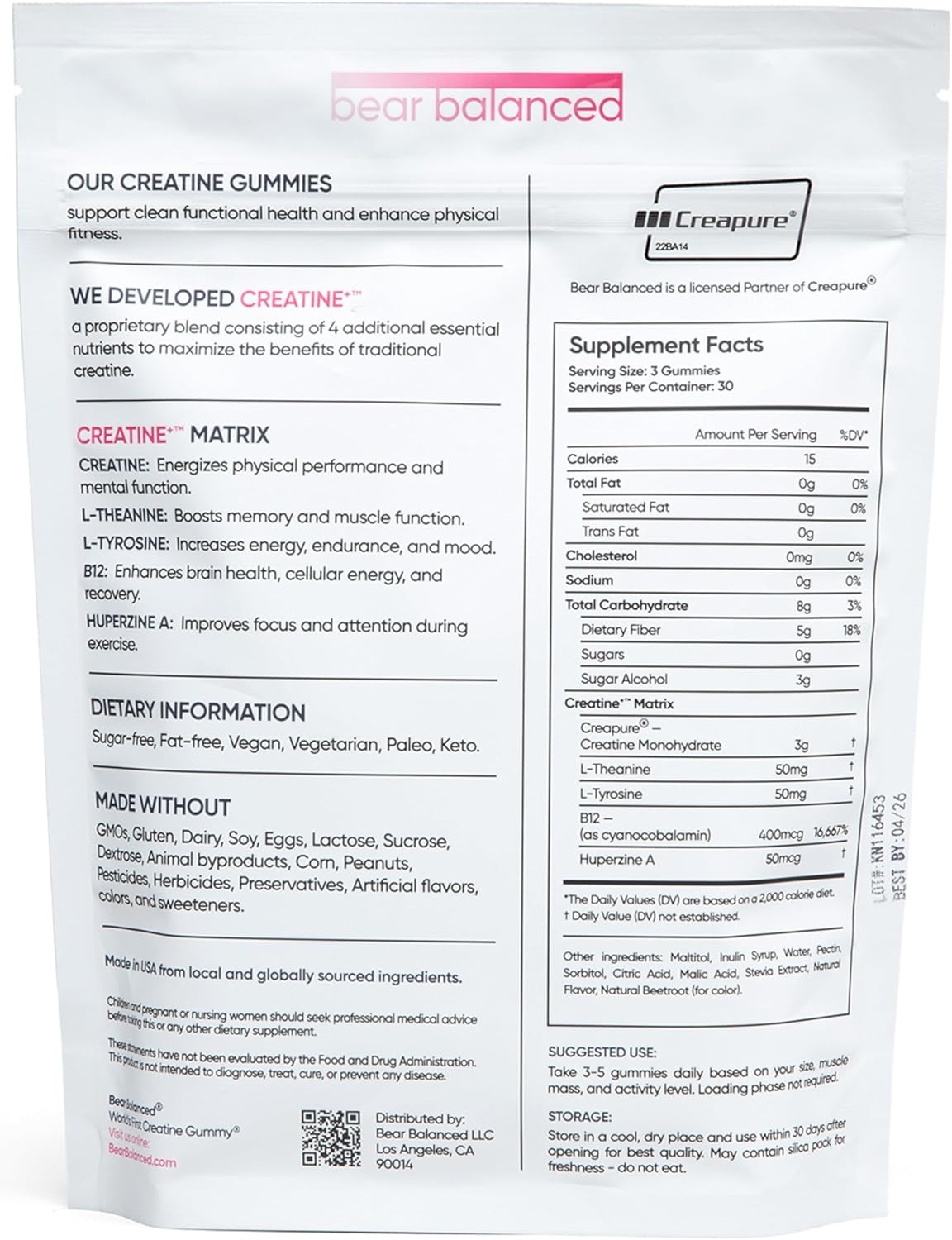 Watermelon Burst Creatine Gummies with L-Theanine, L-Tyrosine & B12 - Muscle Growth, Strength, Focus - Bear Balanced for Men & Women
