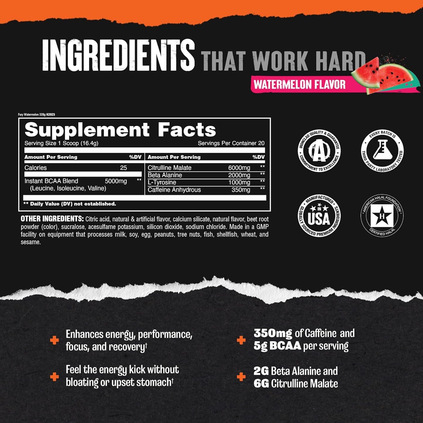 Watermelon Flavored Animal Fury Pre Workout Powder - Energy and Focus Supplement with 5g BCAA, 350mg Caffeine, Beta-Alanine, Nitric Oxide Booster - Preworkout for Men and Women - 20 Servings