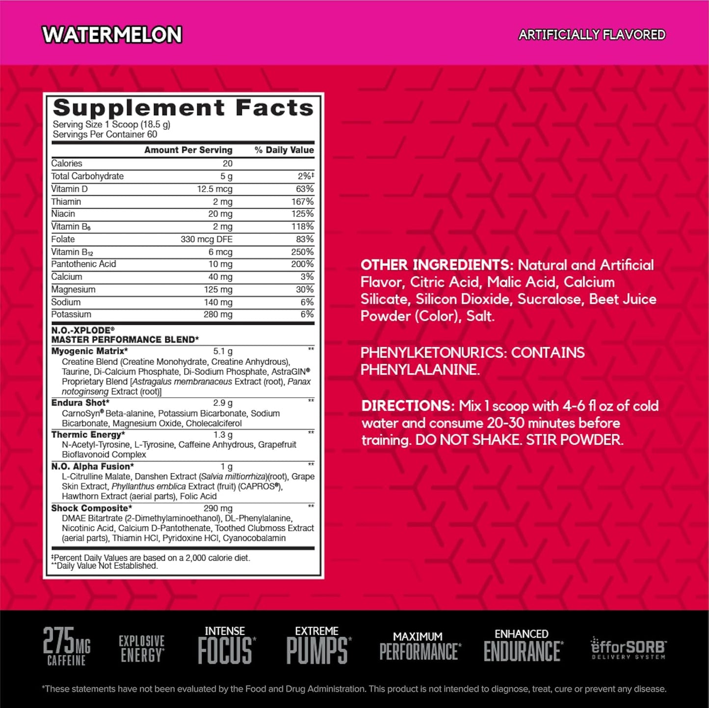 Watermelon Flavored BSN N.O.-XPLODE Pre Workout Powder with Creatine and Beta-Alanine - 60 Servings for Energy Boost