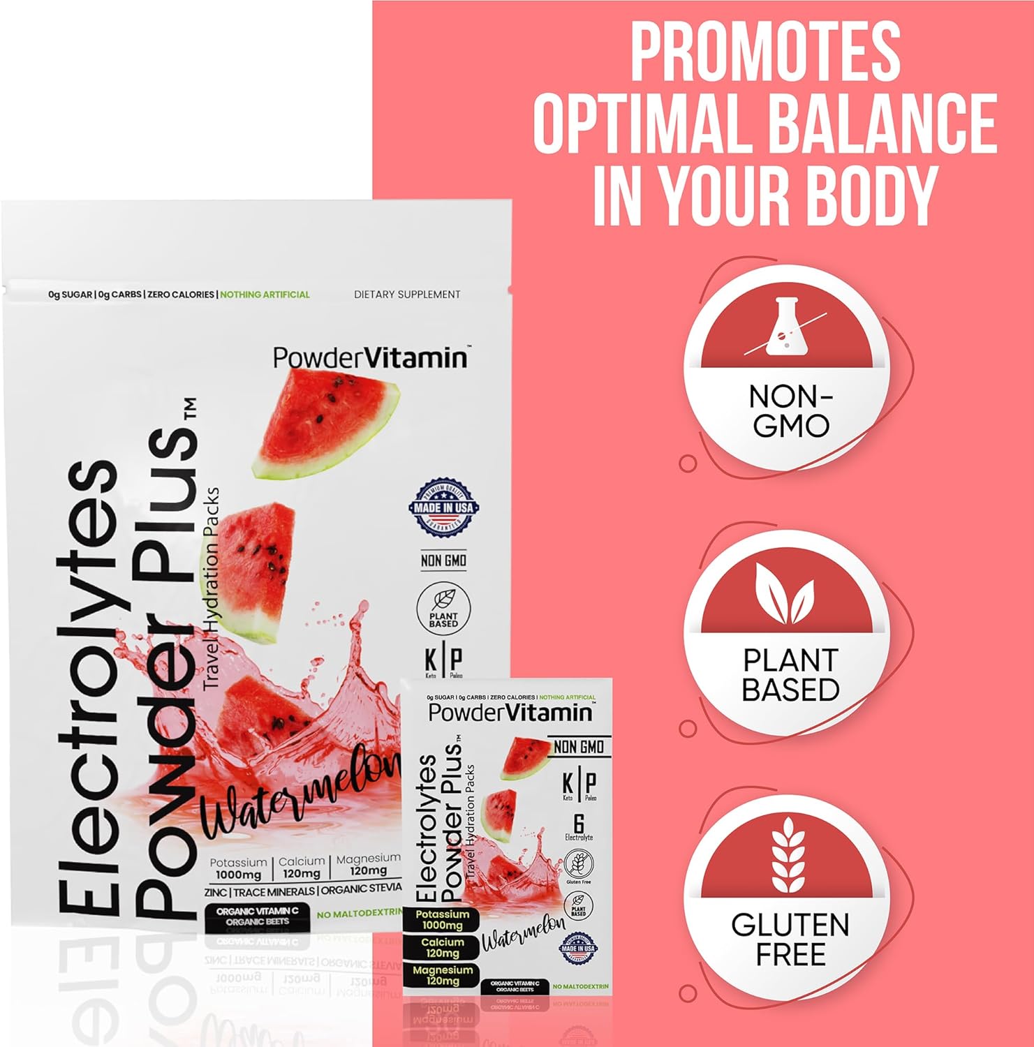 Watermelon Flavored Electrolyte Powder with Vitamins, Keto-Friendly, Sugar-Free, Non-GMO, Zero Calories - 30 Packets