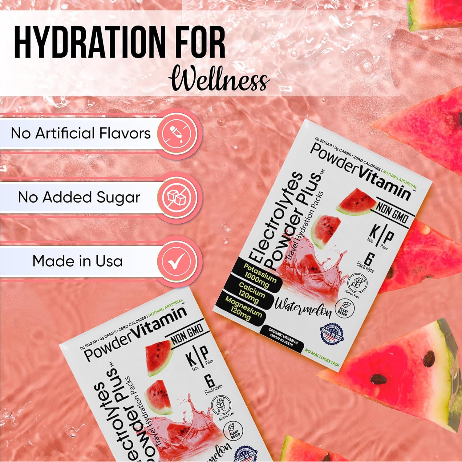 Watermelon Flavored Electrolyte Powder with Vitamins, Keto-Friendly, Sugar-Free, Non-GMO, Zero Calories - 30 Packets