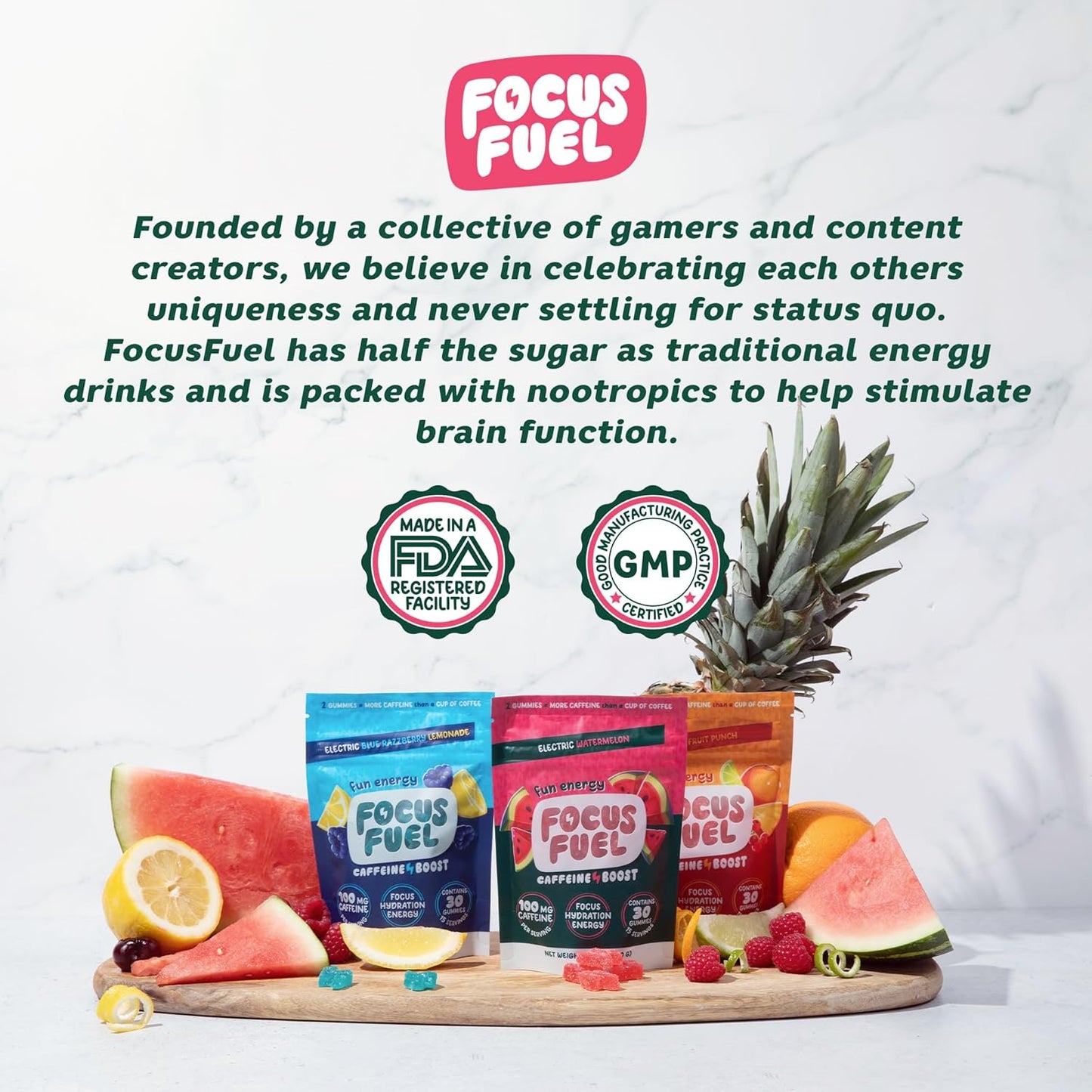 Watermelon FocusFuel Energy + Focus Gummy: 100mg Caffeine, B12, Magnesium, Electrolytes, All-Natural, On-The-Go Energy, No Jitters or Crash - 30 Chews - BoostGo Australia