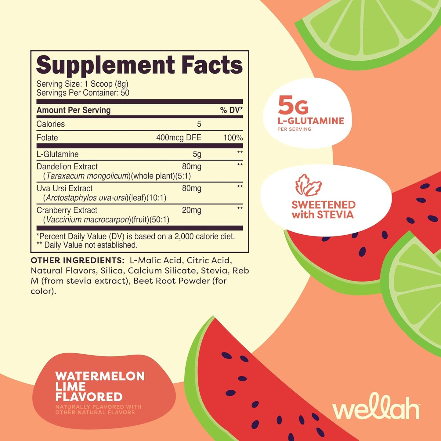 Watermelon Lime L-Glutamine Powder - 50 Servings, 5g Per Serving, Sweetened with Stevia - Wellah Brand