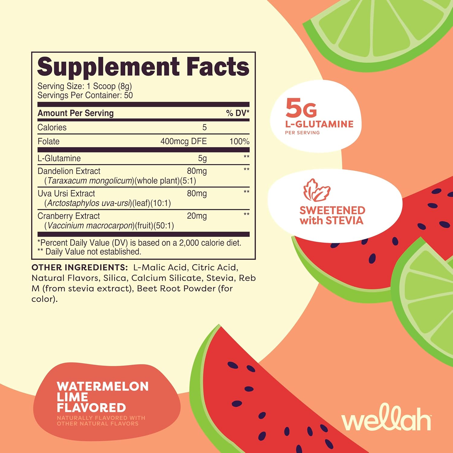 Watermelon Lime L-Glutamine Powder - 50 Servings, 5g Per Serving, Sweetened with Stevia - Wellah Brand
