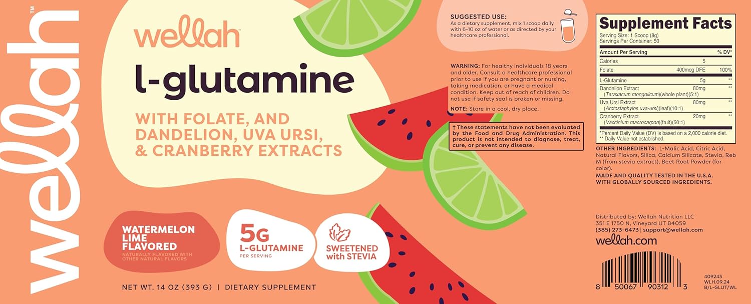 Watermelon Lime L-Glutamine Powder - 50 Servings, 5g Per Serving, Sweetened with Stevia - Wellah Brand