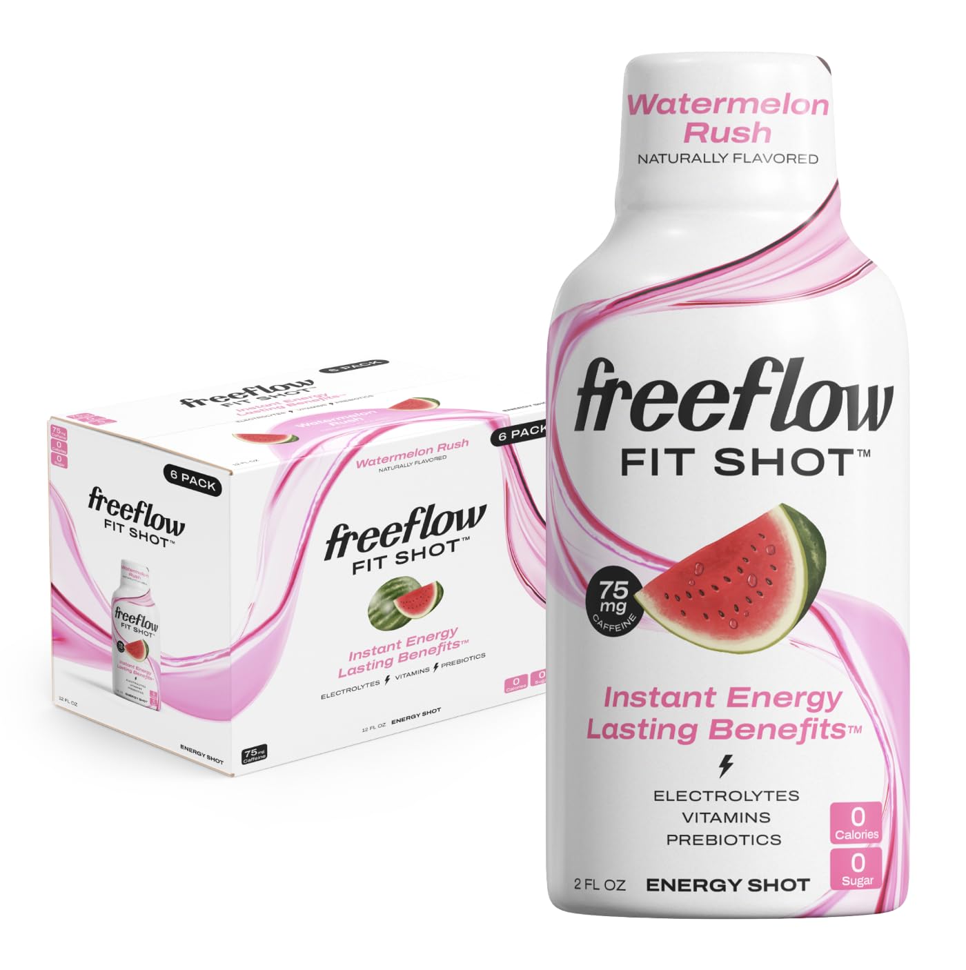 Watermelon Rush Freeflow Fit Energy Shots - Natural Caffeine Boost with L-theanine, Ginseng, Vitamins, Prebiotics, Electrolytes (6 Count, 2oz) - BoostGo Australia