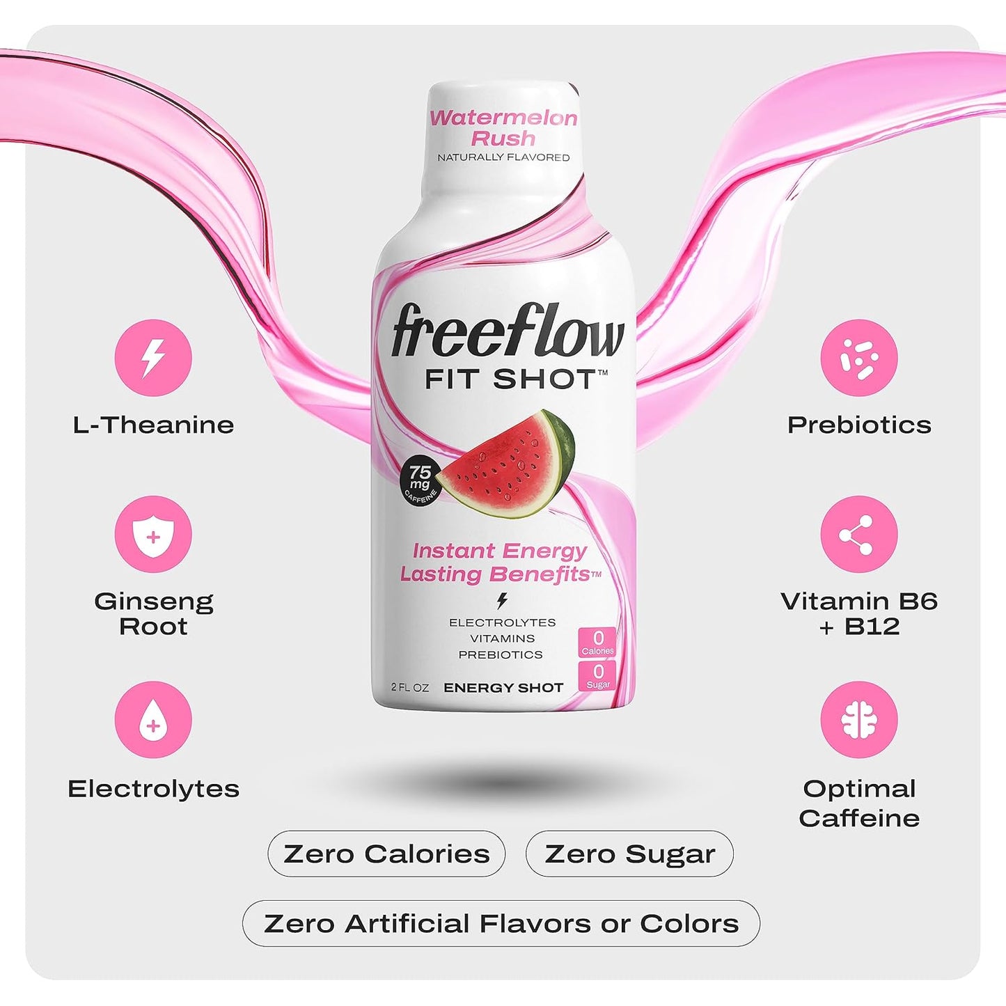 Watermelon Rush Freeflow Fit Energy Shots - Natural Caffeine Boost with L-theanine, Ginseng, Vitamins, Prebiotics, Electrolytes (6 Count, 2oz) - BoostGo Australia