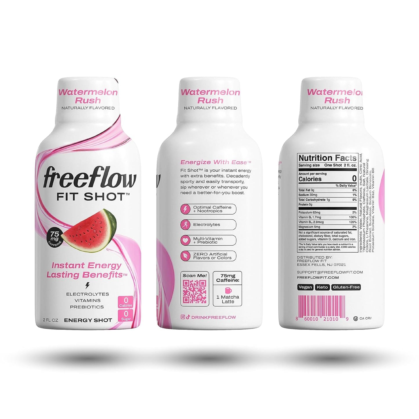 Watermelon Rush Freeflow Fit Energy Shots - Natural Caffeine Boost with L-theanine, Ginseng, Vitamins, Prebiotics, Electrolytes (6 Count, 2oz) - BoostGo Australia